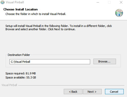 Wybór folderu instalacji Visuall Pinball
